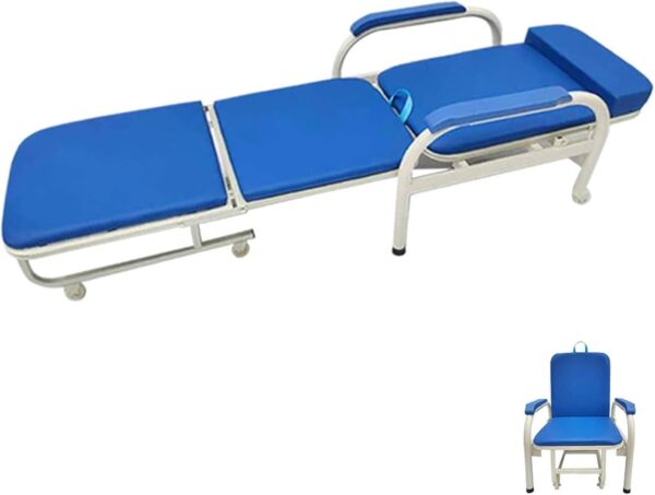 dual-purpose medical portable folding chair bed, also known as a hospital attendant chair or accompanying chair. Uses: Hospital and Clinic Settings: Primarily used in hospitals and clinics for caregivers or family members accompanying patients, providing a comfortable seating option during long hours or an overnight sleeping solution. Home Care: Beneficial for home care situations, especially when caring for sick or elderly family members, offering a temporary bed or comfortable seating. Limited Spaces: Can serve as an extra bed for guests or a space-saving solution in small apartments or studios. Outdoor/Camping (similar designs): While primarily medical, similar folding chair/bed designs can be used for outdoor activities or camping, though the specific model shown is geared towards medical use. Benefits: Versatility: Easily transforms from a chair to a bed, offering dual functionality and convenience. Comfort: Designed with features like a supportive backrest, thick pads, and comfortable seating material (e.g., waterproof PU and high resilience sponge) to promote healthy posture and prevent back pain during extended use. Portability & Storage: Foldable design allows for easy storage and transport, making it convenient for various settings. Durability: Constructed with sturdy materials like metal frames to ensure reliability. Safety Features: May include anti-slip foot pads and lockable wheels for stability and safety.