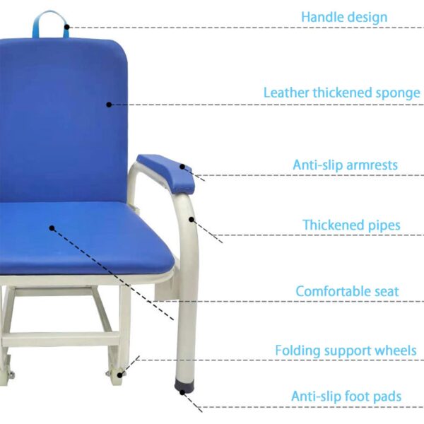 dual-purpose medical portable folding chair bed, also known as a hospital attendant chair or accompanying chair. Uses: Hospital and Clinic Settings: Primarily used in hospitals and clinics for caregivers or family members accompanying patients, providing a comfortable seating option during long hours or an overnight sleeping solution. Home Care: Beneficial for home care situations, especially when caring for sick or elderly family members, offering a temporary bed or comfortable seating. Limited Spaces: Can serve as an extra bed for guests or a space-saving solution in small apartments or studios. Outdoor/Camping (similar designs): While primarily medical, similar folding chair/bed designs can be used for outdoor activities or camping, though the specific model shown is geared towards medical use. Benefits: Versatility: Easily transforms from a chair to a bed, offering dual functionality and convenience. Comfort: Designed with features like a supportive backrest, thick pads, and comfortable seating material (e.g., waterproof PU and high resilience sponge) to promote healthy posture and prevent back pain during extended use. Portability & Storage: Foldable design allows for easy storage and transport, making it convenient for various settings. Durability: Constructed with sturdy materials like metal frames to ensure reliability. Safety Features: May include anti-slip foot pads and lockable wheels for stability and safety.