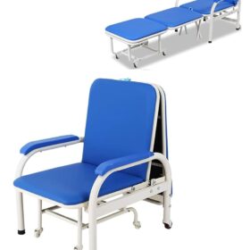 dual-purpose medical portable folding chair bed, also known as a hospital attendant chair or accompanying chair. Uses: Hospital and Clinic Settings: Primarily used in hospitals and clinics for caregivers or family members accompanying patients, providing a comfortable seating option during long hours or an overnight sleeping solution. Home Care: Beneficial for home care situations, especially when caring for sick or elderly family members, offering a temporary bed or comfortable seating. Limited Spaces: Can serve as an extra bed for guests or a space-saving solution in small apartments or studios. Outdoor/Camping (similar designs): While primarily medical, similar folding chair/bed designs can be used for outdoor activities or camping, though the specific model shown is geared towards medical use. Benefits: Versatility: Easily transforms from a chair to a bed, offering dual functionality and convenience. Comfort: Designed with features like a supportive backrest, thick pads, and comfortable seating material (e.g., waterproof PU and high resilience sponge) to promote healthy posture and prevent back pain during extended use. Portability & Storage: Foldable design allows for easy storage and transport, making it convenient for various settings. Durability: Constructed with sturdy materials like metal frames to ensure reliability. Safety Features: May include anti-slip foot pads and lockable wheels for stability and safety.