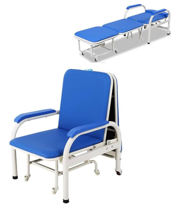 dual-purpose medical portable folding chair bed, also known as a hospital attendant chair or accompanying chair. Uses: Hospital and Clinic Settings: Primarily used in hospitals and clinics for caregivers or family members accompanying patients, providing a comfortable seating option during long hours or an overnight sleeping solution. Home Care: Beneficial for home care situations, especially when caring for sick or elderly family members, offering a temporary bed or comfortable seating. Limited Spaces: Can serve as an extra bed for guests or a space-saving solution in small apartments or studios. Outdoor/Camping (similar designs): While primarily medical, similar folding chair/bed designs can be used for outdoor activities or camping, though the specific model shown is geared towards medical use. Benefits: Versatility: Easily transforms from a chair to a bed, offering dual functionality and convenience. Comfort: Designed with features like a supportive backrest, thick pads, and comfortable seating material (e.g., waterproof PU and high resilience sponge) to promote healthy posture and prevent back pain during extended use. Portability & Storage: Foldable design allows for easy storage and transport, making it convenient for various settings. Durability: Constructed with sturdy materials like metal frames to ensure reliability. Safety Features: May include anti-slip foot pads and lockable wheels for stability and safety.
