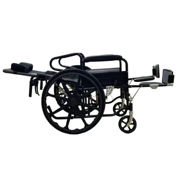 multi-functional, reclining wheelchair designed for individuals with mobility challenges, offering various uses and functions to enhance comfort, ease of movement, and self-care. Uses and Functions: Mobility and Transportation: Provides a means of independent or assisted mobility for individuals who cannot walk or have limited mobility, enabling them to move around indoors and outdoors, including for daily activities like shopping, going to the park, or traveling. Reclining and Comfort: Features a fully reclining backrest and adjustable leg rests for personalized comfort and pressure relief, allowing users to rest or lie flat. Safety and Control: Equipped with handbrake levers for braking and deceleration, enhancing safety and control during use. Portability and Storage: Designed to be lightweight and foldable, facilitating easy transport and storage in various locations, such as car trunks or home corners. Enhanced Self-Care: Some models integrate features like a commode for improved hygiene and self-care abilities. Postoperative Rehabilitation and Support: Suitable for individuals undergoing postoperative rehabilitation, the elderly, disabled, or those with leg discomfort, providing necessary support and comfort during recovery or daily life.