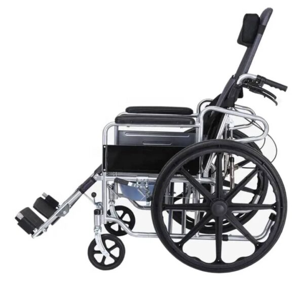 multi-functional, reclining wheelchair designed for individuals with mobility challenges, offering various uses and functions to enhance comfort, ease of movement, and self-care. Uses and Functions: Mobility and Transportation: Provides a means of independent or assisted mobility for individuals who cannot walk or have limited mobility, enabling them to move around indoors and outdoors, including for daily activities like shopping, going to the park, or traveling. Reclining and Comfort: Features a fully reclining backrest and adjustable leg rests for personalized comfort and pressure relief, allowing users to rest or lie flat. Safety and Control: Equipped with handbrake levers for braking and deceleration, enhancing safety and control during use. Portability and Storage: Designed to be lightweight and foldable, facilitating easy transport and storage in various locations, such as car trunks or home corners. Enhanced Self-Care: Some models integrate features like a commode for improved hygiene and self-care abilities. Postoperative Rehabilitation and Support: Suitable for individuals undergoing postoperative rehabilitation, the elderly, disabled, or those with leg discomfort, providing necessary support and comfort during recovery or daily life.