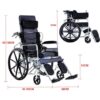 multi-functional, reclining wheelchair designed for individuals with mobility challenges, offering various uses and functions to enhance comfort, ease of movement, and self-care. Uses and Functions: Mobility and Transportation: Provides a means of independent or assisted mobility for individuals who cannot walk or have limited mobility, enabling them to move around indoors and outdoors, including for daily activities like shopping, going to the park, or traveling. Reclining and Comfort: Features a fully reclining backrest and adjustable leg rests for personalized comfort and pressure relief, allowing users to rest or lie flat. Safety and Control: Equipped with handbrake levers for braking and deceleration, enhancing safety and control during use. Portability and Storage: Designed to be lightweight and foldable, facilitating easy transport and storage in various locations, such as car trunks or home corners. Enhanced Self-Care: Some models integrate features like a commode for improved hygiene and self-care abilities. Postoperative Rehabilitation and Support: Suitable for individuals undergoing postoperative rehabilitation, the elderly, disabled, or those with leg discomfort, providing necessary support and comfort during recovery or daily life.