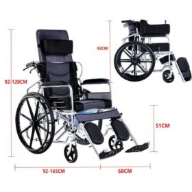 multi-functional, reclining wheelchair designed for individuals with mobility challenges, offering various uses and functions to enhance comfort, ease of movement, and self-care. Uses and Functions: Mobility and Transportation: Provides a means of independent or assisted mobility for individuals who cannot walk or have limited mobility, enabling them to move around indoors and outdoors, including for daily activities like shopping, going to the park, or traveling. Reclining and Comfort: Features a fully reclining backrest and adjustable leg rests for personalized comfort and pressure relief, allowing users to rest or lie flat. Safety and Control: Equipped with handbrake levers for braking and deceleration, enhancing safety and control during use. Portability and Storage: Designed to be lightweight and foldable, facilitating easy transport and storage in various locations, such as car trunks or home corners. Enhanced Self-Care: Some models integrate features like a commode for improved hygiene and self-care abilities. Postoperative Rehabilitation and Support: Suitable for individuals undergoing postoperative rehabilitation, the elderly, disabled, or those with leg discomfort, providing necessary support and comfort during recovery or daily life.