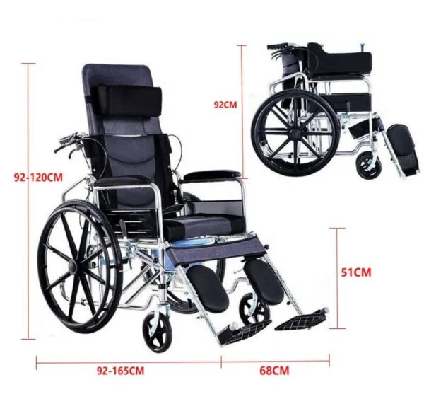 multi-functional, reclining wheelchair designed for individuals with mobility challenges, offering various uses and functions to enhance comfort, ease of movement, and self-care. Uses and Functions: Mobility and Transportation: Provides a means of independent or assisted mobility for individuals who cannot walk or have limited mobility, enabling them to move around indoors and outdoors, including for daily activities like shopping, going to the park, or traveling. Reclining and Comfort: Features a fully reclining backrest and adjustable leg rests for personalized comfort and pressure relief, allowing users to rest or lie flat. Safety and Control: Equipped with handbrake levers for braking and deceleration, enhancing safety and control during use. Portability and Storage: Designed to be lightweight and foldable, facilitating easy transport and storage in various locations, such as car trunks or home corners. Enhanced Self-Care: Some models integrate features like a commode for improved hygiene and self-care abilities. Postoperative Rehabilitation and Support: Suitable for individuals undergoing postoperative rehabilitation, the elderly, disabled, or those with leg discomfort, providing necessary support and comfort during recovery or daily life.
