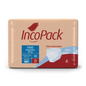 Incopack Pant Pequeña Noche (Small Night Pant) product displayed in the image has the following specifications: Size (Contorno Cintura): 50-90 cm (waist circumference). Units: 20 units per package. Absorbency Level: Indicated by "S8" and a visual absorption scale. Type: Pant-style absorbent product for night use (PANT PEQUEÑA NOCHE). Features: Designed for urinary incontinence, offering high absorbency, skin protection with Dermobandas technology (Aloe Vera and fatty acids), comfort, odor control, discretion, and a moisture indicator.
