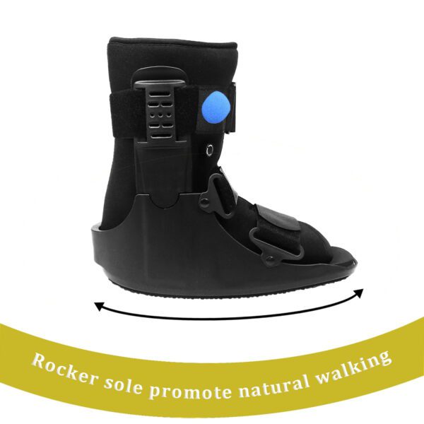 Air Walker Cam Fracture Boot, and its uses and benefits primarily revolve around supporting and immobilizing the foot and ankle during recovery from various injuries. Uses: Injury Management: Ideal for stable fractures of the foot or ankle, Grade II & III sprains, and soft tissue injuries. Post-Operative Stabilization: Provides necessary support and immobilization following surgery on the foot or ankle. Achilles Tendon Ruptures: Offers robust support for individuals recovering from Achilles tendon ruptures. Benefits: Enhanced Stabilization and Immobilization: The adjustable air bladder allows for custom compression, reducing movement and supporting the affected area efficiently compared to traditional casts. Promotes Natural Gait: The rocker bottom sole facilitates a smooth, natural walking rhythm, reducing strain and aiding recovery. Comfort and Pain Reduction: Features like a shock-absorbing insole and customizable compression enhance comfort and help reduce pain during the healing process. Versatility: Suitable for a wide range of foot and ankle conditions and injuries. Breathable Design: Open-toe construction allows for airflow, keeping the foot cool and dry. Adjustable and Universal Fit: Adjustable Velcro straps ensure a secure, tailored fit and the boot is designed to be universal for both left and right feet.