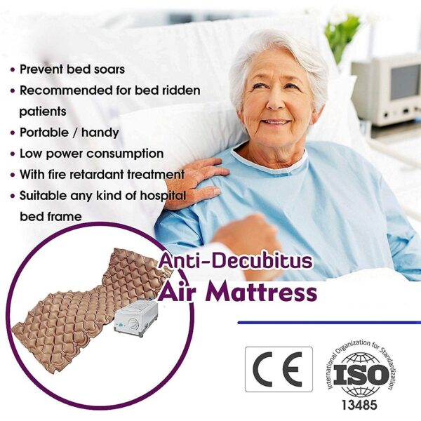 anti-decubitus air mattress is used primarily for the prevention and treatment of bed sores (pressure ulcers) by redistributing body weight, improving blood circulation, and enhancing airflow to the skin. This is achieved through alternating pressure technology, where individual air cells in the mattress inflate and deflate in cycles, constantly changing the points of pressure on the patient's body. They are ideal for bedridden individuals, those with limited mobility, or anyone at high risk of developing pressure sores due to prolonged bed rest. Key Uses of Anti-Decubitus Air Mattresses Pressure Sore Prevention: The main function is to stop pressure ulcers from forming on bony areas like the elbows, shoulders, and heels by evenly distributing the patient's weight over a larger surface area. Promotes Blood Circulation: The constant, alternating movement of air cells stimulates blood flow, which is crucial for keeping the skin and underlying tissues healthy. Improves Comfort and Skin Health: By reducing constant pressure and improving airflow, the mattress keeps the skin cool and dry, increasing patient comfort and reducing the risk of moisture-related skin breakdown. Treatment Support: In addition to prevention, the consistent pressure relief and circulation support can aid in the healing of existing pressure sores. Patient Mobility & Comfort: Provides a more comfortable and dynamic surface for patients who spend extended periods in bed, supporting their overall well-being. Who Benefits from an Anti-Decubitus Air Mattress? Bedridden patients: Individuals who are confined to a bed for a long duration are at high risk and benefit significantly from this type of mattress. Elderly patients: Older individuals with fragile skin and limited mobility are particularly vulnerable to pressure sores. Patients with chronic illnesses: Those suffering from conditions that limit their ability to move or change positions often require the support of an anti-decubitus mattress. Individuals at high risk: Anyone identified by a healthcare professional as having a high risk for developing pressure ulcers, regardless of the specific condition