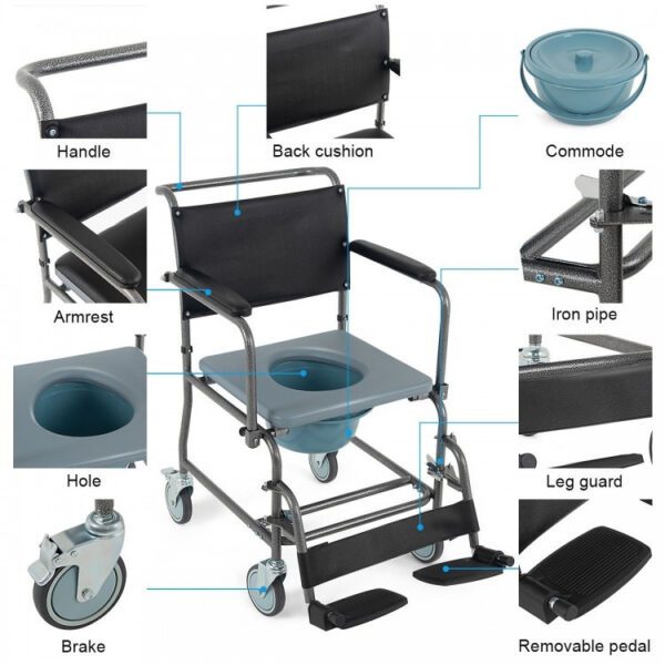 The wheelchair in the image is a commode wheelchair, primarily used as a sanitary aid for individuals with mobility limitations. Its main uses include: Toilet Access: Facilitating access to a standard toilet by allowing the user to be wheeled directly over it or by using the integrated commode bucket. Showering: Being wheeled into a shower or wet room, functioning as a shower chair for personal hygiene. Indoor Transport: Providing limited indoor mobility for individuals who require assistance with movement within their living space. Privacy and Independence: Offering increased independence and privacy for elderly and disabled individuals in managing their personal care needs