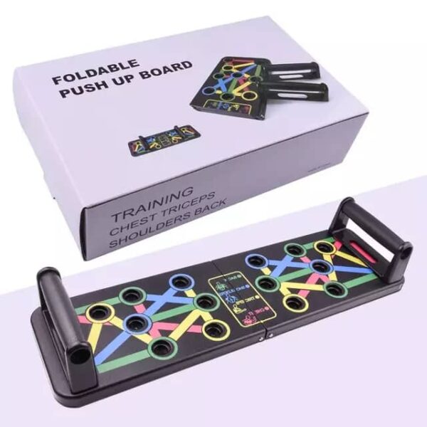 Foldable Push Up Board, designed for targeted upper body training. Specifications: Design: Foldable and portable, making it easy to store and transport for home, gym, or travel workouts. Material: Typically crafted from durable ABS plastic or similar robust, load-bearing material. Weight Capacity: Can support significant weight, with some models supporting up to 300kg (approx. 660 lbs). Features: Color-coded system: Guides hand positioning for targeting specific muscle groups like chest (blue), shoulders (red), back (yellow), and triceps (green). Ergonomic, non-slip handles: Designed for comfort, reducing strain on wrists and joints, and ensuring stability during workouts. Non-slip plugs/stickers: Provide stability on various floor types. Uses: Targeted Muscle Training: Allows for precise isolation and strengthening of different upper body muscles, including chest, shoulders, back, and triceps, based on handle placement. Full Body Workout: Can be integrated into comprehensive strength and conditioning routines, potentially combined with cardio, plyometrics, and core exercises. Convenience: Enables workouts anytime, anywhere, due to its portable and foldable nature. Muscle Enhancement & Calorie Burning: Aids in building muscle, increasing strength, and burning calories through structured workout programs.
