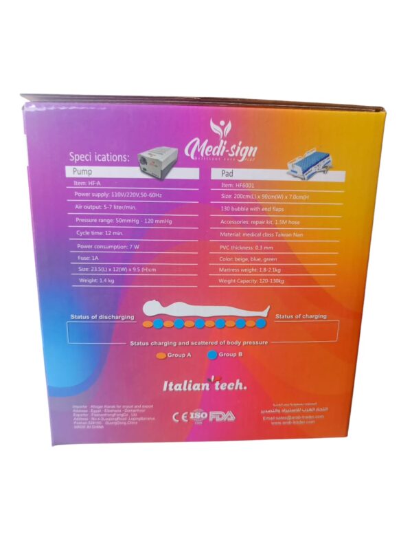 Medi-Sign Brilliant Care Anti Decubitus Pump & Mattress System, designed to prevent and alleviate bedsores (pressure ulcers) in patients who are bedridden or have limited mobility. Specifications and Uses: Purpose: Primarily used to prevent and provide relief from bedsores and ulcers that can develop from prolonged bed rest. Mechanism: It utilizes an alternating pressure redistribution system, where an electric pump inflates and deflates air chambers within the mattress in cycles (typically every few minutes). This alternating pressure helps to distribute weight evenly, reduce pressure on specific areas of the body, and improve blood circulation, thereby reducing the risk of skin breakdown. Components: The system includes an air mattress with multiple air cells and an electric pump that controls the inflation and deflation of these cells. Features: Pressure Relief: Designed to alleviate pressure points and promote circulation to prevent and treat bedsores. Comfort and Support: Provides support and comfort for immobilized or weak patients who cannot frequently shift their weight. Air Ventilation: Some models may incorporate micro holes for air ventilation, allowing air to pass through and ventilate the patient's back. Quiet Operation: The accompanying pump is often designed to be ultra-quiet to minimize disturbance to the patient. Applications: Ideal for use in home healthcare, nursing homes, and hospitals for patients requiring long-term bed rest.