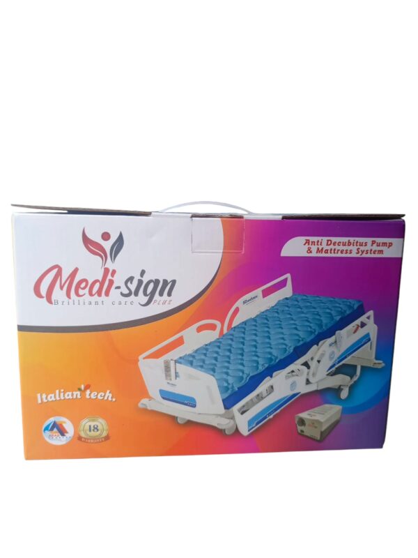 Medi-Sign Brilliant Care Anti Decubitus Pump & Mattress System, designed to prevent and alleviate bedsores (pressure ulcers) in patients who are bedridden or have limited mobility. Specifications and Uses: Purpose: Primarily used to prevent and provide relief from bedsores and ulcers that can develop from prolonged bed rest. Mechanism: It utilizes an alternating pressure redistribution system, where an electric pump inflates and deflates air chambers within the mattress in cycles (typically every few minutes). This alternating pressure helps to distribute weight evenly, reduce pressure on specific areas of the body, and improve blood circulation, thereby reducing the risk of skin breakdown. Components: The system includes an air mattress with multiple air cells and an electric pump that controls the inflation and deflation of these cells. Features: Pressure Relief: Designed to alleviate pressure points and promote circulation to prevent and treat bedsores. Comfort and Support: Provides support and comfort for immobilized or weak patients who cannot frequently shift their weight. Air Ventilation: Some models may incorporate micro holes for air ventilation, allowing air to pass through and ventilate the patient's back. Quiet Operation: The accompanying pump is often designed to be ultra-quiet to minimize disturbance to the patient. Applications: Ideal for use in home healthcare, nursing homes, and hospitals for patients requiring long-term bed rest.