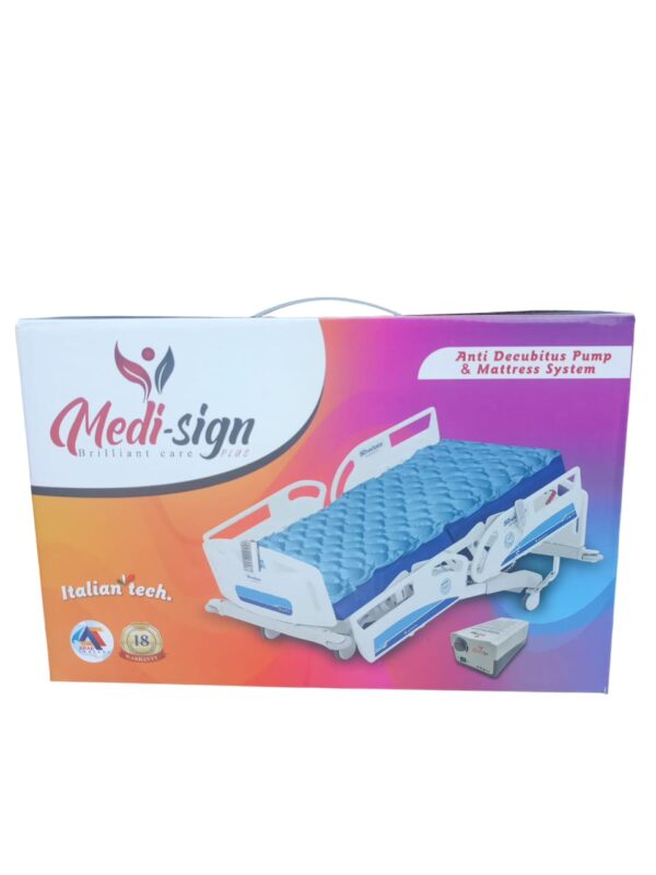 Medi-Sign Brilliant Care Anti Decubitus Pump & Mattress System, designed to prevent and alleviate bedsores (pressure ulcers) in patients who are bedridden or have limited mobility. Specifications and Uses: Purpose: Primarily used to prevent and provide relief from bedsores and ulcers that can develop from prolonged bed rest. Mechanism: It utilizes an alternating pressure redistribution system, where an electric pump inflates and deflates air chambers within the mattress in cycles (typically every few minutes). This alternating pressure helps to distribute weight evenly, reduce pressure on specific areas of the body, and improve blood circulation, thereby reducing the risk of skin breakdown. Components: The system includes an air mattress with multiple air cells and an electric pump that controls the inflation and deflation of these cells. Features: Pressure Relief: Designed to alleviate pressure points and promote circulation to prevent and treat bedsores. Comfort and Support: Provides support and comfort for immobilized or weak patients who cannot frequently shift their weight. Air Ventilation: Some models may incorporate micro holes for air ventilation, allowing air to pass through and ventilate the patient's back. Quiet Operation: The accompanying pump is often designed to be ultra-quiet to minimize disturbance to the patient. Applications: Ideal for use in home healthcare, nursing homes, and hospitals for patients requiring long-term bed rest.