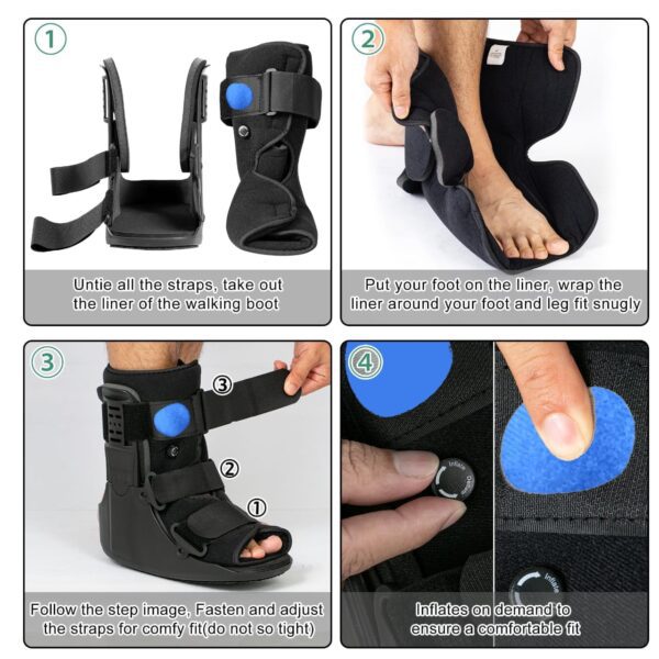 Air Walker Cam Fracture Boot, and its uses and benefits primarily revolve around supporting and immobilizing the foot and ankle during recovery from various injuries. Uses: Injury Management: Ideal for stable fractures of the foot or ankle, Grade II & III sprains, and soft tissue injuries. Post-Operative Stabilization: Provides necessary support and immobilization following surgery on the foot or ankle. Achilles Tendon Ruptures: Offers robust support for individuals recovering from Achilles tendon ruptures. Benefits: Enhanced Stabilization and Immobilization: The adjustable air bladder allows for custom compression, reducing movement and supporting the affected area efficiently compared to traditional casts. Promotes Natural Gait: The rocker bottom sole facilitates a smooth, natural walking rhythm, reducing strain and aiding recovery. Comfort and Pain Reduction: Features like a shock-absorbing insole and customizable compression enhance comfort and help reduce pain during the healing process. Versatility: Suitable for a wide range of foot and ankle conditions and injuries. Breathable Design: Open-toe construction allows for airflow, keeping the foot cool and dry. Adjustable and Universal Fit: Adjustable Velcro straps ensure a secure, tailored fit and the boot is designed to be universal for both left and right feet.