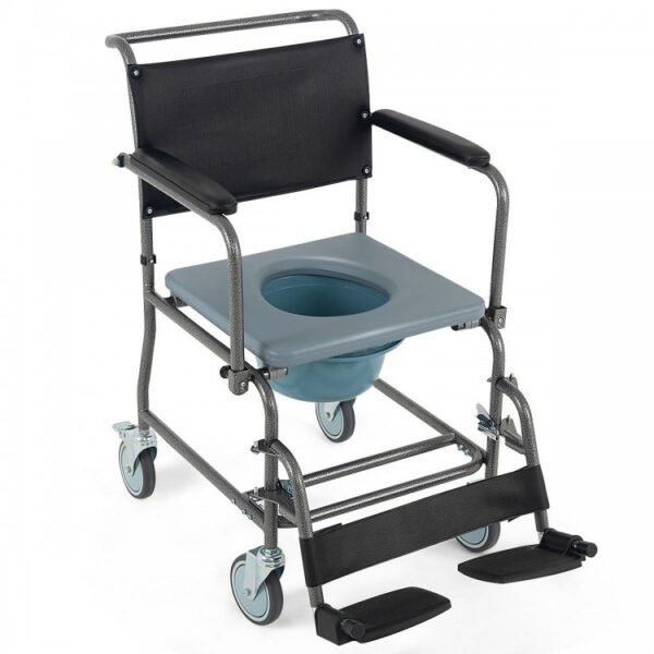 The wheelchair in the image is a commode wheelchair, primarily used as a sanitary aid for individuals with mobility limitations. Its main uses include: Toilet Access: Facilitating access to a standard toilet by allowing the user to be wheeled directly over it or by using the integrated commode bucket. Showering: Being wheeled into a shower or wet room, functioning as a shower chair for personal hygiene. Indoor Transport: Providing limited indoor mobility for individuals who require assistance with movement within their living space. Privacy and Independence: Offering increased independence and privacy for elderly and disabled individuals in managing their personal care needs