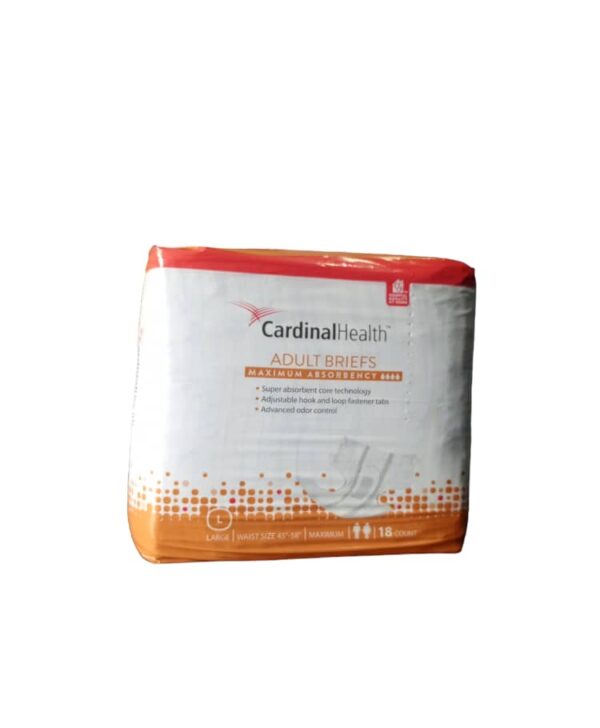 Cardinal Health Adult Briefs with Maximum Absorbency. Specifications: Absorbency: Maximum absorbency, designed with super absorbent core technology to quickly lock in fluid and neutralize odors. Features: Adjustable hook and loop fastener tabs, advanced odor control, and a cloth-like outer fabric for discretion and comfort. Size: Large, fitting individuals with a waist size of 45-58 inches. Quantity: 18 count per pack. Uses: Incontinence Management: Designed for individuals experiencing severe urinary or bowel incontinence, or high levels of fluid output or drainage. Protection: Provides leakage protection and helps maintain skin dryness and health by wicking away moisture. Comfort and Discretion: Offers a comfortable and discreet solution for managing incontinence, with a quiet, cloth-like material.
