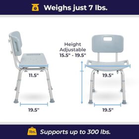 Drive Medical RTL12202KDR Shower Chair with Back, Adjustable Stool with Suction Feet, Shower Seat for Inside Shower or Tub, Bathroom Bench Bath Chair for Elderly and Disabled, 300 LB Weight Cap, Grey