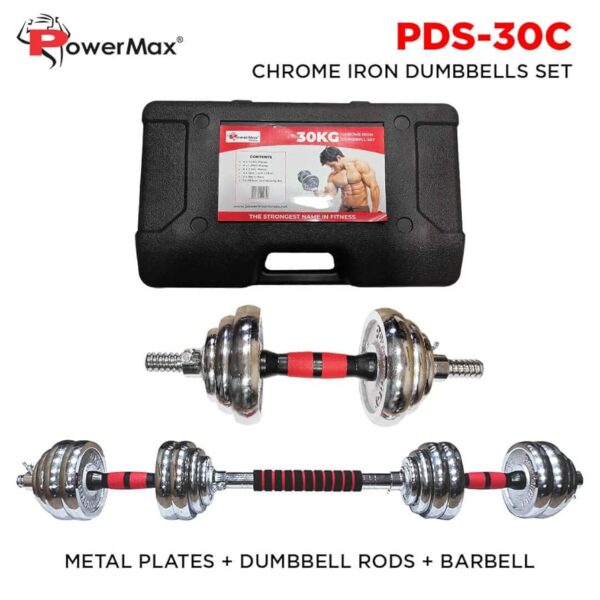 adjustable dumbbell and barbell set, typically made of chrome-plated cast iron, designed for versatile strength training. Specifications: Adjustable Weight: The set includes multiple weight plates (e.g., 30kg total weight, with adjustable weights for each dumbbell) that can be added or removed to customize the resistance for various exercises. Materials: Constructed from durable materials like chrome-plated cast iron for the plates and often features non-slip handles for a secure grip. Barbell Extension: A connector bar is included to convert the two dumbbells into a single barbell, offering more exercise options. Storage Case: Comes with a sturdy carrying case made of rugged polypropylene plastic for organized storage and easy transport of all components. Uses: Muscle Building and Toning: Primarily used for strength training exercises to build muscle mass, tone the body, and improve overall fitness. Versatile Workouts: Allows for a wide range of exercises, including heavy lifts like shrugs and lunges, as well as lighter exercises such as curls and raises. Core Fitness and Strength Training: Suitable for performing basic toning body workouts, core fitness routines, and various strength exercises. Home and Gym Use: Ideal for both home workouts and gym environments due to its compact and convenient design. Health Benefits: Regular use can contribute to improved cardiovascular health, fat burning, and potentially better sleep quality through strength training.