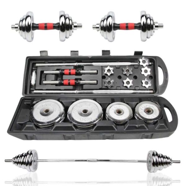 adjustable dumbbell and barbell set, typically made of chrome-plated cast iron, designed for versatile strength training. Specifications: Adjustable Weight: The set includes multiple weight plates (e.g., 30kg total weight, with adjustable weights for each dumbbell) that can be added or removed to customize the resistance for various exercises. Materials: Constructed from durable materials like chrome-plated cast iron for the plates and often features non-slip handles for a secure grip. Barbell Extension: A connector bar is included to convert the two dumbbells into a single barbell, offering more exercise options. Storage Case: Comes with a sturdy carrying case made of rugged polypropylene plastic for organized storage and easy transport of all components. Uses: Muscle Building and Toning: Primarily used for strength training exercises to build muscle mass, tone the body, and improve overall fitness. Versatile Workouts: Allows for a wide range of exercises, including heavy lifts like shrugs and lunges, as well as lighter exercises such as curls and raises. Core Fitness and Strength Training: Suitable for performing basic toning body workouts, core fitness routines, and various strength exercises. Home and Gym Use: Ideal for both home workouts and gym environments due to its compact and convenient design. Health Benefits: Regular use can contribute to improved cardiovascular health, fat burning, and potentially better sleep quality through strength training.