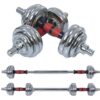 adjustable dumbbell and barbell set, typically made of chrome-plated cast iron, designed for versatile strength training. Specifications: Adjustable Weight: The set includes multiple weight plates (e.g., 30kg total weight, with adjustable weights for each dumbbell) that can be added or removed to customize the resistance for various exercises. Materials: Constructed from durable materials like chrome-plated cast iron for the plates and often features non-slip handles for a secure grip. Barbell Extension: A connector bar is included to convert the two dumbbells into a single barbell, offering more exercise options. Storage Case: Comes with a sturdy carrying case made of rugged polypropylene plastic for organized storage and easy transport of all components. Uses: Muscle Building and Toning: Primarily used for strength training exercises to build muscle mass, tone the body, and improve overall fitness. Versatile Workouts: Allows for a wide range of exercises, including heavy lifts like shrugs and lunges, as well as lighter exercises such as curls and raises. Core Fitness and Strength Training: Suitable for performing basic toning body workouts, core fitness routines, and various strength exercises. Home and Gym Use: Ideal for both home workouts and gym environments due to its compact and convenient design. Health Benefits: Regular use can contribute to improved cardiovascular health, fat burning, and potentially better sleep quality through strength training.