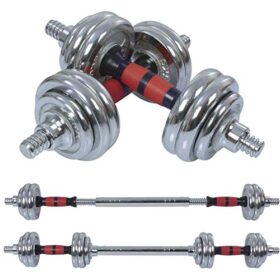 adjustable dumbbell and barbell set, typically made of chrome-plated cast iron, designed for versatile strength training. Specifications: Adjustable Weight: The set includes multiple weight plates (e.g., 30kg total weight, with adjustable weights for each dumbbell) that can be added or removed to customize the resistance for various exercises. Materials: Constructed from durable materials like chrome-plated cast iron for the plates and often features non-slip handles for a secure grip. Barbell Extension: A connector bar is included to convert the two dumbbells into a single barbell, offering more exercise options. Storage Case: Comes with a sturdy carrying case made of rugged polypropylene plastic for organized storage and easy transport of all components. Uses: Muscle Building and Toning: Primarily used for strength training exercises to build muscle mass, tone the body, and improve overall fitness. Versatile Workouts: Allows for a wide range of exercises, including heavy lifts like shrugs and lunges, as well as lighter exercises such as curls and raises. Core Fitness and Strength Training: Suitable for performing basic toning body workouts, core fitness routines, and various strength exercises. Home and Gym Use: Ideal for both home workouts and gym environments due to its compact and convenient design. Health Benefits: Regular use can contribute to improved cardiovascular health, fat burning, and potentially better sleep quality through strength training.