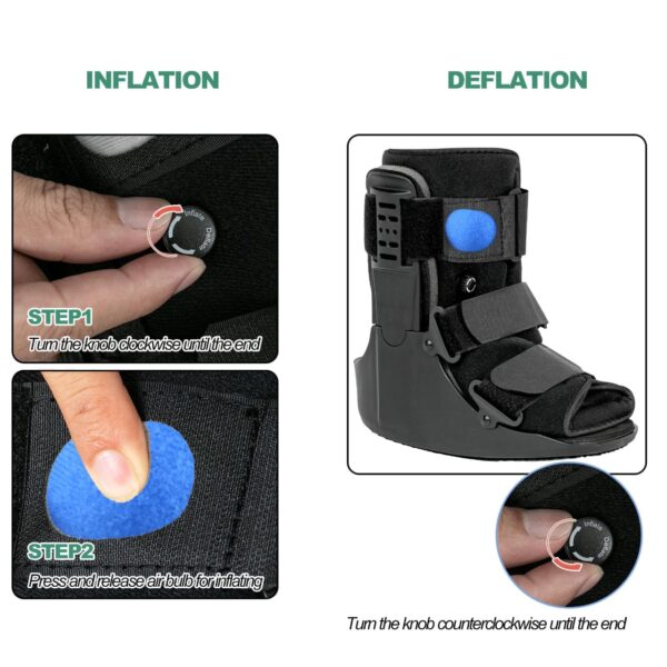 Air Walker Cam Fracture Boot, and its uses and benefits primarily revolve around supporting and immobilizing the foot and ankle during recovery from various injuries. Uses: Injury Management: Ideal for stable fractures of the foot or ankle, Grade II & III sprains, and soft tissue injuries. Post-Operative Stabilization: Provides necessary support and immobilization following surgery on the foot or ankle. Achilles Tendon Ruptures: Offers robust support for individuals recovering from Achilles tendon ruptures. Benefits: Enhanced Stabilization and Immobilization: The adjustable air bladder allows for custom compression, reducing movement and supporting the affected area efficiently compared to traditional casts. Promotes Natural Gait: The rocker bottom sole facilitates a smooth, natural walking rhythm, reducing strain and aiding recovery. Comfort and Pain Reduction: Features like a shock-absorbing insole and customizable compression enhance comfort and help reduce pain during the healing process. Versatility: Suitable for a wide range of foot and ankle conditions and injuries. Breathable Design: Open-toe construction allows for airflow, keeping the foot cool and dry. Adjustable and Universal Fit: Adjustable Velcro straps ensure a secure, tailored fit and the boot is designed to be universal for both left and right feet.