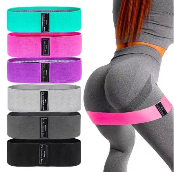 fabric resistance bands, often called "hip resistance bands" or "booty bands," designed for lower body workouts, particularly targeting the glutes and legs. Specifications: Material: Typically made from a blend of polyester and latex silk, providing durability and elasticity. Resistance Levels: Available in various resistance levels (e.g., Light, Medium, Heavy) to accommodate different fitness levels and exercise intensities, indicated by different colors or labels on the bands. Design: Feature a non-slip inner layer to prevent rolling or slipping during workouts, and a comfortable fabric construction. Uses: Strength Training: Used to add resistance to exercises like squats, hip thrusts, lunges, and kickbacks, enhancing muscle activation in the glutes, thighs, and calves. Muscle Activation: Helps to activate smaller, ancillary muscles for improved strength and stabilization during compound movements. Warm-up and Stretching: Can be incorporated into warm-up routines to prepare muscles for activity or used for stretching to improve flexibility and range of motion. Versatile Workouts: Suitable for various fitness programs including P90x, Yoga, Pilates, and general strength training, providing a portable and effective workout solution.