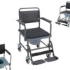 The wheelchair in the image is a commode wheelchair, primarily used as a sanitary aid for individuals with mobility limitations. Its main uses include: Toilet Access: Facilitating access to a standard toilet by allowing the user to be wheeled directly over it or by using the integrated commode bucket. Showering: Being wheeled into a shower or wet room, functioning as a shower chair for personal hygiene. Indoor Transport: Providing limited indoor mobility for individuals who require assistance with movement within their living space. Privacy and Independence: Offering increased independence and privacy for elderly and disabled individuals in managing their personal care needs