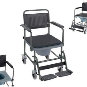 The wheelchair in the image is a commode wheelchair, primarily used as a sanitary aid for individuals with mobility limitations. Its main uses include: Toilet Access: Facilitating access to a standard toilet by allowing the user to be wheeled directly over it or by using the integrated commode bucket. Showering: Being wheeled into a shower or wet room, functioning as a shower chair for personal hygiene. Indoor Transport: Providing limited indoor mobility for individuals who require assistance with movement within their living space. Privacy and Independence: Offering increased independence and privacy for elderly and disabled individuals in managing their personal care needs