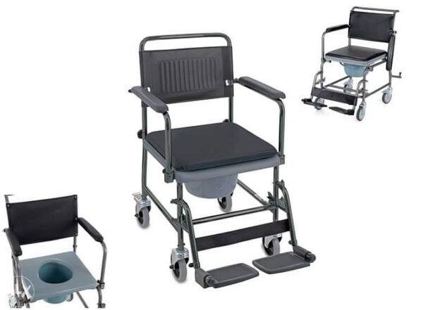 The wheelchair in the image is a commode wheelchair, primarily used as a sanitary aid for individuals with mobility limitations. Its main uses include: Toilet Access: Facilitating access to a standard toilet by allowing the user to be wheeled directly over it or by using the integrated commode bucket. Showering: Being wheeled into a shower or wet room, functioning as a shower chair for personal hygiene. Indoor Transport: Providing limited indoor mobility for individuals who require assistance with movement within their living space. Privacy and Independence: Offering increased independence and privacy for elderly and disabled individuals in managing their personal care needs