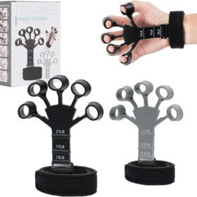 Finger Trainer designed for finger flexibility and strength training. Specifications: Resistance Levels: The product comes with multiple resistance levels, indicated by the labels on the bands: 21LB, 17LB, 13LB, 11LB, 8.8LB, and 6.6LB. These likely represent different resistance strengths for various training needs. Material: Typically made of silicone or similar elastic materials, providing flexibility and durability for repeated use. Design: Features individual loops for each finger and a wrist strap for secure attachment, allowing targeted training for each finger and overall hand strength. Portability: Designed to be compact and lightweight, making it easy to carry and use anywhere. Uses: Finger, Wrist, and Forearm Strengthening: Enhances grip strength and builds muscle in the fingers, wrists, and forearms. Flexibility and Dexterity Improvement: Improves the range of motion and coordination of fingers and hands. Rehabilitation: Useful for recovering hand mobility after injuries or surgeries, and for individuals with conditions like arthritis. Sports Training: Benefits athletes in sports requiring strong grip and finger control, such as rock climbing, basketball, or golf. Musical Instrument Practice: Helps musicians, especially those playing instruments like guitar, piano, or violin, improve finger strength, endurance, and control.