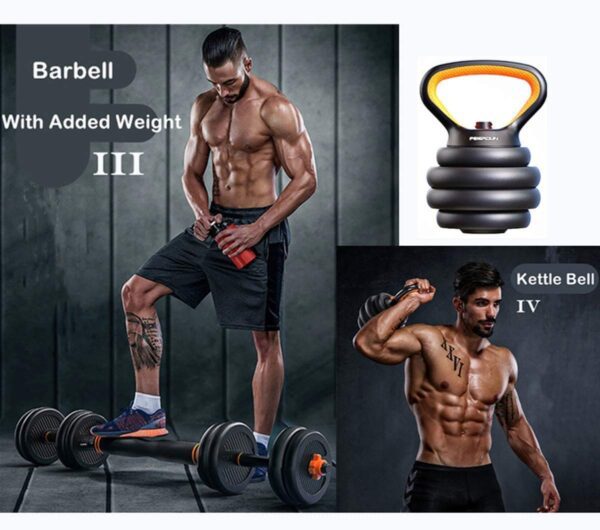5-in-1 adjustable dumbbell set designed for versatile home gym workouts. Specifications: Adjustability: Offers multiple weight settings within a single unit, often with quick adjustment mechanisms like a twist handle. Components: Typically includes dumbbell handles, weight plates, and potentially a connector to form a barbell, or a kettlebell handle for added versatility. Material: Often features anti-slip handles, sometimes made of nylon or TPU, for enhanced grip and safety. Design: Compact and space-saving, ideal for home gyms or smaller workout areas, and may have a square-shaped design to prevent rolling. Benefits: Space-Saving: Consolidates multiple weights into one compact system, reducing clutter and the need for extensive storage space. Versatility: Allows for a wide range of exercises by easily switching between dumbbell, barbell, or kettlebell configurations, targeting various muscle groups. Cost-Effective: Provides a comprehensive weight training solution without the expense of purchasing individual dumbbell sets for each weight increment. Convenience: Facilitates quick weight adjustments during workouts, promoting efficiency and smooth transitions between exercises. Home Gym Solution: Enables effective strength training and muscle building in the comfort of one's home.