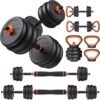 5-in-1 adjustable dumbbell set designed for versatile home gym workouts. Specifications: Adjustability: Offers multiple weight settings within a single unit, often with quick adjustment mechanisms like a twist handle. Components: Typically includes dumbbell handles, weight plates, and potentially a connector to form a barbell, or a kettlebell handle for added versatility. Material: Often features anti-slip handles, sometimes made of nylon or TPU, for enhanced grip and safety. Design: Compact and space-saving, ideal for home gyms or smaller workout areas, and may have a square-shaped design to prevent rolling. Benefits: Space-Saving: Consolidates multiple weights into one compact system, reducing clutter and the need for extensive storage space. Versatility: Allows for a wide range of exercises by easily switching between dumbbell, barbell, or kettlebell configurations, targeting various muscle groups. Cost-Effective: Provides a comprehensive weight training solution without the expense of purchasing individual dumbbell sets for each weight increment. Convenience: Facilitates quick weight adjustments during workouts, promoting efficiency and smooth transitions between exercises. Home Gym Solution: Enables effective strength training and muscle building in the comfort of one's home.