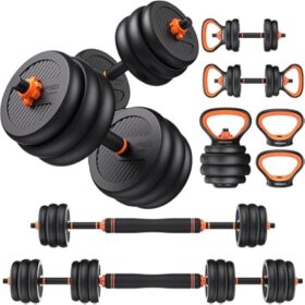 5-in-1 adjustable dumbbell set designed for versatile home gym workouts. Specifications: Adjustability: Offers multiple weight settings within a single unit, often with quick adjustment mechanisms like a twist handle. Components: Typically includes dumbbell handles, weight plates, and potentially a connector to form a barbell, or a kettlebell handle for added versatility. Material: Often features anti-slip handles, sometimes made of nylon or TPU, for enhanced grip and safety. Design: Compact and space-saving, ideal for home gyms or smaller workout areas, and may have a square-shaped design to prevent rolling. Benefits: Space-Saving: Consolidates multiple weights into one compact system, reducing clutter and the need for extensive storage space. Versatility: Allows for a wide range of exercises by easily switching between dumbbell, barbell, or kettlebell configurations, targeting various muscle groups. Cost-Effective: Provides a comprehensive weight training solution without the expense of purchasing individual dumbbell sets for each weight increment. Convenience: Facilitates quick weight adjustments during workouts, promoting efficiency and smooth transitions between exercises. Home Gym Solution: Enables effective strength training and muscle building in the comfort of one's home.