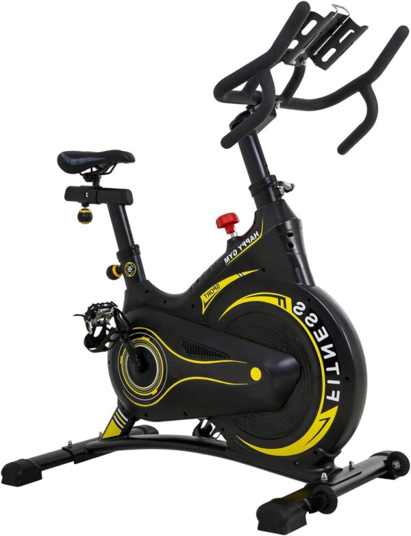 Happy Gam" spinner bike features a 13 kg flywheel, a chain-driven system, a vertically and horizontally adjustable seat, and a vertically adjustable handlebar. It comes with an LCD monitor that tracks time, speed, distance, calories, and pulse. The bike has a maximum user weight of 150 kg, includes a water bottle holder, and has an assembled size of approximately 122cm (L) x 61cm (W) x 120cm (H). Key Specifications Flywheel: 13.0 kg Drive System: Chain driven Resistance: Multi-level resistance adjustment via a knob Monitor: LCD screen displaying time, speed, distance, calorie, and pulse Seat Adjustment: Horizontal and vertical adjustment Handlebar Adjustment: Vertical adjustment Maximum User Weight: 150 kg Other Features: Water bottle holder Assembled Size: 122cm (Length) x 61cm (Width) x 120cm (Height)