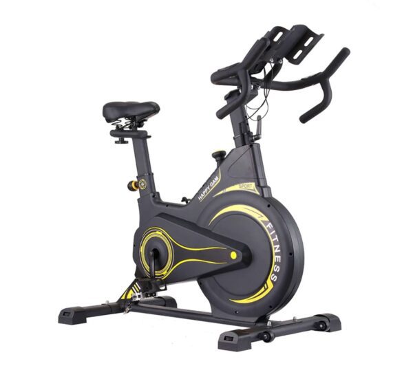 Happy Gam" spinner bike features a 13 kg flywheel, a chain-driven system, a vertically and horizontally adjustable seat, and a vertically adjustable handlebar. It comes with an LCD monitor that tracks time, speed, distance, calories, and pulse. The bike has a maximum user weight of 150 kg, includes a water bottle holder, and has an assembled size of approximately 122cm (L) x 61cm (W) x 120cm (H). Key Specifications Flywheel: 13.0 kg Drive System: Chain driven Resistance: Multi-level resistance adjustment via a knob Monitor: LCD screen displaying time, speed, distance, calorie, and pulse Seat Adjustment: Horizontal and vertical adjustment Handlebar Adjustment: Vertical adjustment Maximum User Weight: 150 kg Other Features: Water bottle holder Assembled Size: 122cm (Length) x 61cm (Width) x 120cm (Height)