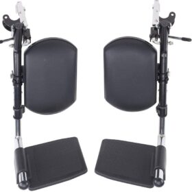 Wheelchair footrests and leg supports with padded footplate. Elevating design for comfort, compatible with Drive, Invacare, and Healthline.