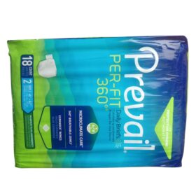 Prevail Per-Fit 360 Adult Daily Briefs have the following specifications: Product Type: Adult Incontinence Briefs (Diapers with tabs).  Absorbency: Maximum Plus Absorbency, designed for heavy bladder leakage.  Size: Size 2, suitable for waist/hip sizes 45-62 inches.  Count: 18 briefs per package. Features: 360° Breathable Zones: Ventilated areas around the entire brief to promote airflow and reduce moisture buildup.  Microclimate Care Technology: Helps lock away wetness and allow air, heat, and humidity to escape, promoting skin health.  Expandex Wings: Innovative winged design for a secure and comfortable fit, preventing shifting.  Dri-Fit Material: Helps keep skin dry and comfortable.  Odor Control: Incorporates features to manage odors. 