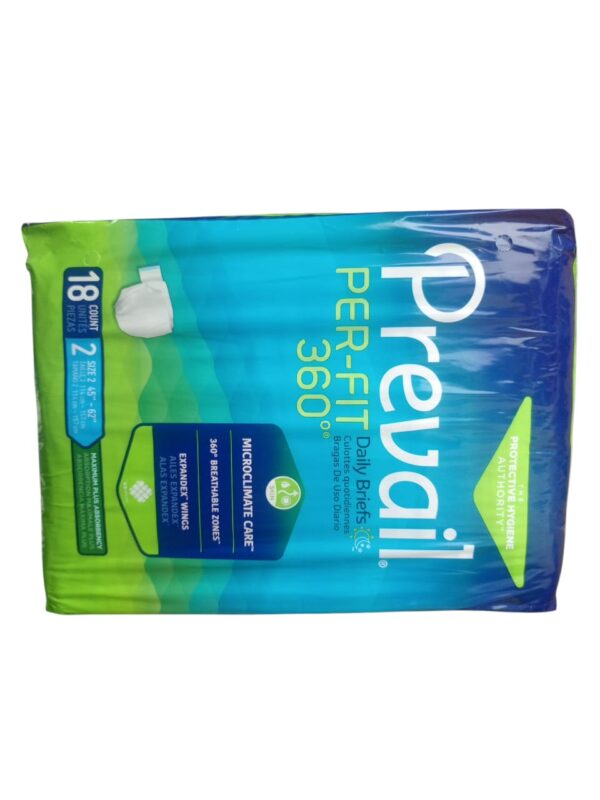 Prevail Per-Fit 360 Adult Daily Briefs have the following specifications: Product Type: Adult Incontinence Briefs (Diapers with tabs).  Absorbency: Maximum Plus Absorbency, designed for heavy bladder leakage.  Size: Size 2, suitable for waist/hip sizes 45-62 inches.  Count: 18 briefs per package. Features: 360° Breathable Zones: Ventilated areas around the entire brief to promote airflow and reduce moisture buildup.  Microclimate Care Technology: Helps lock away wetness and allow air, heat, and humidity to escape, promoting skin health.  Expandex Wings: Innovative winged design for a secure and comfortable fit, preventing shifting.  Dri-Fit Material: Helps keep skin dry and comfortable.  Odor Control: Incorporates features to manage odors. 