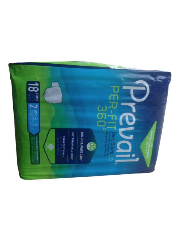 Prevail Per-Fit 360 Adult Daily Briefs have the following specifications: Product Type: Adult Incontinence Briefs (Diapers with tabs).  Absorbency: Maximum Plus Absorbency, designed for heavy bladder leakage.  Size: Size 2, suitable for waist/hip sizes 45-62 inches.  Count: 18 briefs per package. Features: 360° Breathable Zones: Ventilated areas around the entire brief to promote airflow and reduce moisture buildup.  Microclimate Care Technology: Helps lock away wetness and allow air, heat, and humidity to escape, promoting skin health.  Expandex Wings: Innovative winged design for a secure and comfortable fit, preventing shifting.  Dri-Fit Material: Helps keep skin dry and comfortable.  Odor Control: Incorporates features to manage odors. 