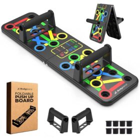 Foldable Push Up Board, designed for targeted upper body training. Specifications: Design: Foldable and portable, making it easy to store and transport for home, gym, or travel workouts. Material: Typically crafted from durable ABS plastic or similar robust, load-bearing material. Weight Capacity: Can support significant weight, with some models supporting up to 300kg (approx. 660 lbs). Features: Color-coded system: Guides hand positioning for targeting specific muscle groups like chest (blue), shoulders (red), back (yellow), and triceps (green). Ergonomic, non-slip handles: Designed for comfort, reducing strain on wrists and joints, and ensuring stability during workouts. Non-slip plugs/stickers: Provide stability on various floor types. Uses: Targeted Muscle Training: Allows for precise isolation and strengthening of different upper body muscles, including chest, shoulders, back, and triceps, based on handle placement. Full Body Workout: Can be integrated into comprehensive strength and conditioning routines, potentially combined with cardio, plyometrics, and core exercises. Convenience: Enables workouts anytime, anywhere, due to its portable and foldable nature. Muscle Enhancement & Calorie Burning: Aids in building muscle, increasing strength, and burning calories through structured workout programs.