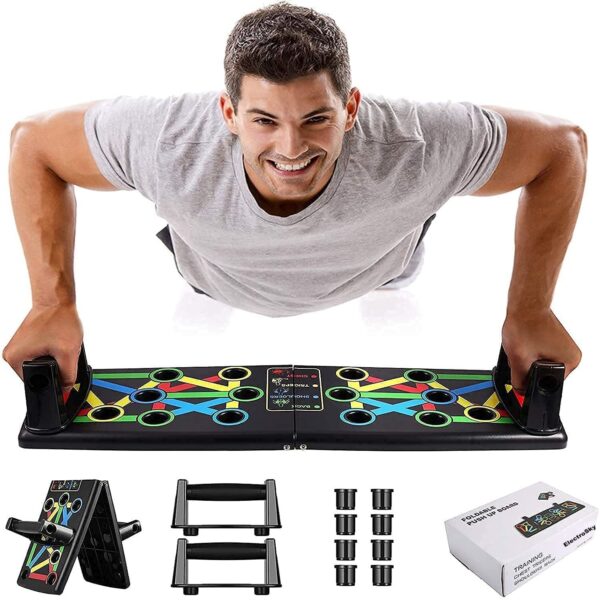 Foldable Push Up Board, designed for targeted upper body training. Specifications: Design: Foldable and portable, making it easy to store and transport for home, gym, or travel workouts. Material: Typically crafted from durable ABS plastic or similar robust, load-bearing material. Weight Capacity: Can support significant weight, with some models supporting up to 300kg (approx. 660 lbs). Features: Color-coded system: Guides hand positioning for targeting specific muscle groups like chest (blue), shoulders (red), back (yellow), and triceps (green). Ergonomic, non-slip handles: Designed for comfort, reducing strain on wrists and joints, and ensuring stability during workouts. Non-slip plugs/stickers: Provide stability on various floor types. Uses: Targeted Muscle Training: Allows for precise isolation and strengthening of different upper body muscles, including chest, shoulders, back, and triceps, based on handle placement. Full Body Workout: Can be integrated into comprehensive strength and conditioning routines, potentially combined with cardio, plyometrics, and core exercises. Convenience: Enables workouts anytime, anywhere, due to its portable and foldable nature. Muscle Enhancement & Calorie Burning: Aids in building muscle, increasing strength, and burning calories through structured workout programs.