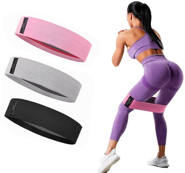 fabric resistance bands, often called "hip resistance bands" or "booty bands," designed for lower body workouts, particularly targeting the glutes and legs. Specifications: Material: Typically made from a blend of polyester and latex silk, providing durability and elasticity. Resistance Levels: Available in various resistance levels (e.g., Light, Medium, Heavy) to accommodate different fitness levels and exercise intensities, indicated by different colors or labels on the bands. Design: Feature a non-slip inner layer to prevent rolling or slipping during workouts, and a comfortable fabric construction. Uses: Strength Training: Used to add resistance to exercises like squats, hip thrusts, lunges, and kickbacks, enhancing muscle activation in the glutes, thighs, and calves. Muscle Activation: Helps to activate smaller, ancillary muscles for improved strength and stabilization during compound movements. Warm-up and Stretching: Can be incorporated into warm-up routines to prepare muscles for activity or used for stretching to improve flexibility and range of motion. Versatile Workouts: Suitable for various fitness programs including P90x, Yoga, Pilates, and general strength training, providing a portable and effective workout solution.