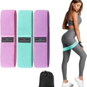 3-piece yoga resistance band set designed for hip lift, squats, and glute training. Non-slip elastic bands help shape, strengthen, and tone your body.