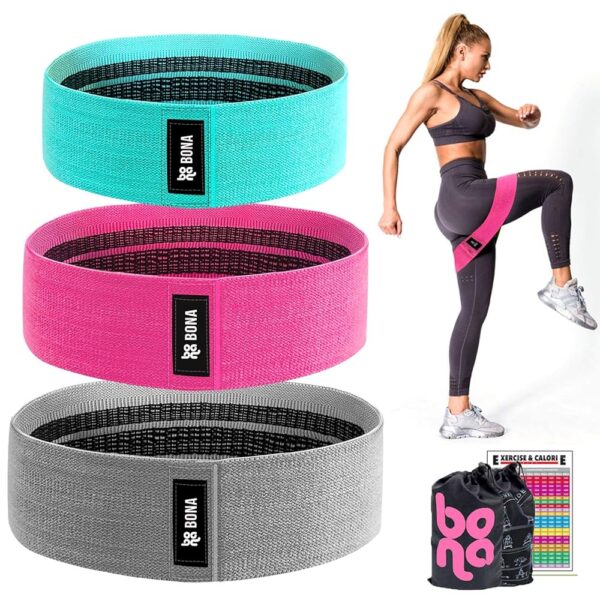 fabric resistance bands, often called "hip resistance bands" or "booty bands," designed for lower body workouts, particularly targeting the glutes and legs. Specifications: Material: Typically made from a blend of polyester and latex silk, providing durability and elasticity. Resistance Levels: Available in various resistance levels (e.g., Light, Medium, Heavy) to accommodate different fitness levels and exercise intensities, indicated by different colors or labels on the bands. Design: Feature a non-slip inner layer to prevent rolling or slipping during workouts, and a comfortable fabric construction. Uses: Strength Training: Used to add resistance to exercises like squats, hip thrusts, lunges, and kickbacks, enhancing muscle activation in the glutes, thighs, and calves. Muscle Activation: Helps to activate smaller, ancillary muscles for improved strength and stabilization during compound movements. Warm-up and Stretching: Can be incorporated into warm-up routines to prepare muscles for activity or used for stretching to improve flexibility and range of motion. Versatile Workouts: Suitable for various fitness programs including P90x, Yoga, Pilates, and general strength training, providing a portable and effective workout solution.