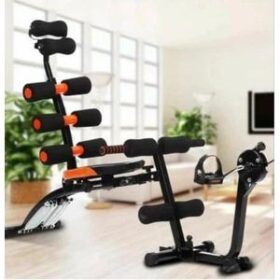 The machine shown is a Six Pack Care or Wonder Core Six Pack Care exercise machine, often incorporating features like a mini bike or cycling pedals. Uses: Core and Abdominal Workouts: Primarily designed for targeting upper, lower, and middle abdominal muscles, including crunches, reverse crunches, and oblique twists. Full Body Exercises: Can be used for various exercises beyond just abs, such as leg lifts, push-ups, lateral raises, arm lifts, and stretches. Cycling/Cardio: Models with integrated pedals allow for cycling exercises, providing a cardio workout alongside core strengthening. Benefits: Muscle Strengthening and Toning: Helps in strengthening and toning abdominal muscles, core, and other targeted areas like arms, upper muscles, and back. Weight Loss and Calorie Burning: Contributes to energy consumption and calorie burning, aiding in weight loss and fat reduction. Improved Fitness and Health: Can enhance waistline, increase toughness in various body parts, strengthen back muscles, prevent back pain, and support cardiovascular health. Versatility and Convenience: Offers a range of exercises within a single piece of equipment, often designed to be compact and foldable for easy storage. Comfort and Support: Features like cushioned back support and head/neck rest provide comfort during workouts, and some models offer a massage effect through rollers