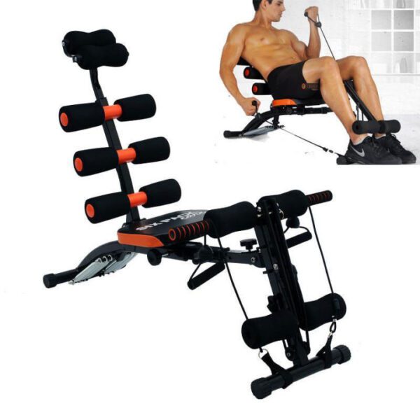 The machine shown is a Six Pack Care or Wonder Core Six Pack Care exercise machine, often incorporating features like a mini bike or cycling pedals. Uses: Core and Abdominal Workouts: Primarily designed for targeting upper, lower, and middle abdominal muscles, including crunches, reverse crunches, and oblique twists. Full Body Exercises: Can be used for various exercises beyond just abs, such as leg lifts, push-ups, lateral raises, arm lifts, and stretches. Cycling/Cardio: Models with integrated pedals allow for cycling exercises, providing a cardio workout alongside core strengthening. Benefits: Muscle Strengthening and Toning: Helps in strengthening and toning abdominal muscles, core, and other targeted areas like arms, upper muscles, and back. Weight Loss and Calorie Burning: Contributes to energy consumption and calorie burning, aiding in weight loss and fat reduction. Improved Fitness and Health: Can enhance waistline, increase toughness in various body parts, strengthen back muscles, prevent back pain, and support cardiovascular health. Versatility and Convenience: Offers a range of exercises within a single piece of equipment, often designed to be compact and foldable for easy storage. Comfort and Support: Features like cushioned back support and head/neck rest provide comfort during workouts, and some models offer a massage effect through rollers