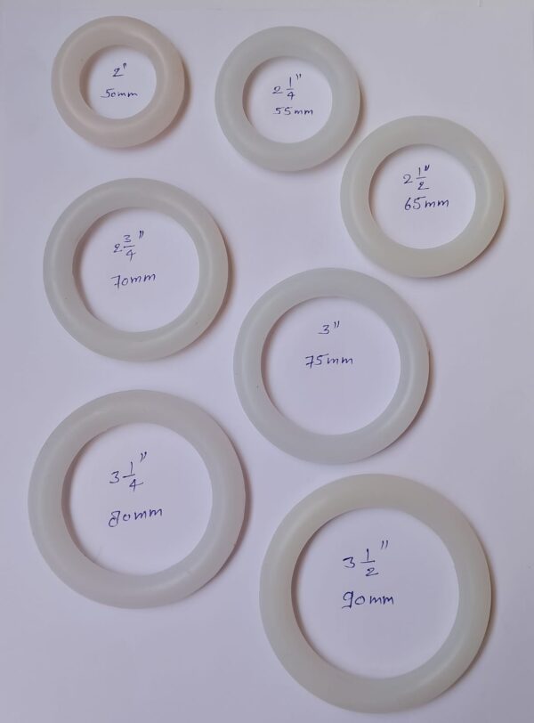 silicone ring pessaries, which are medical devices used for the management of pelvic organ prolapse and related conditions. Specifications: Material: 100% silicone, ensuring flexibility, ease of insertion/removal, and biological neutrality to prevent irritation. Sizes: Available in various external diameters, as indicated in the image (e.g., 2" (50mm), 2 ¼" (55mm), 3" (75mm), 3 ½" (90mm)), catering to different anatomical needs. Uses: Pelvic Organ Prolapse: Primarily used to provide support for pelvic organs, such as the bladder, uterus, or rectum, in cases of vaginal prolapse (e.g., cystocele, rectocele, uterine prolapse). Urinary Incontinence: Can be used to manage stress urinary incontinence by providing support to the bladder neck and urethra. Restoration of Anatomical Correlation: Helps restore the normal topographic and anatomical relationship between pelvic organs.