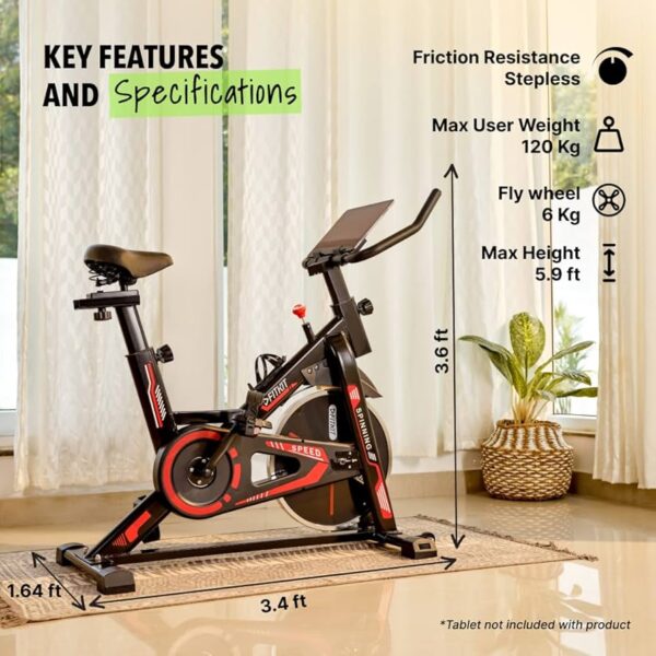 spin bike, also known as an indoor cycling bike or stationary bike, which is designed for cardiovascular exercise and fitness training at home or in a gym setting. Specifications: Flywheel: Typically features a heavy flywheel (e.g., 13.0 KG or 13.22 lbs) to provide momentum for a smooth cycling experience. Resistance System: Equipped with a resistance system, often magnetic or friction-based, allowing for adjustable intensity workouts. Adjustability: Includes adjustable handlebars and seat (height and position) to accommodate users of various heights and body types. Durability: Constructed with strong materials to support significant user weight (e.g., up to 150 kg or 350 lbs). Console/Monitor: Many models include an LCD monitor to track metrics such as time, speed, distance, calories burned, and pulse. Additional Features: May include a water bottle holder, tablet/phone holder, and transport wheels for easy mobility. Uses: Cardiovascular Fitness: Provides an effective way to improve heart health and endurance through cycling workouts. Weight Management: Helps in burning calories and contributing to weight loss goals. Leg Strength and Toning: Engages leg muscles, including quadriceps, hamstrings, and glutes, for strength building and toning. Low-Impact Exercise: Offers a joint-friendly workout, making it suitable for individuals seeking low-impact exercise options. Convenient Home Workouts: Allows for consistent exercise regardless of weather conditions or gym accessibility, fitting into busy schedules.