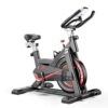 spin bike, also known as an indoor cycling bike or stationary bike, which is designed for cardiovascular exercise and fitness training at home or in a gym setting. Specifications: Flywheel: Typically features a heavy flywheel (e.g., 13.0 KG or 13.22 lbs) to provide momentum for a smooth cycling experience. Resistance System: Equipped with a resistance system, often magnetic or friction-based, allowing for adjustable intensity workouts. Adjustability: Includes adjustable handlebars and seat (height and position) to accommodate users of various heights and body types. Durability: Constructed with strong materials to support significant user weight (e.g., up to 150 kg or 350 lbs). Console/Monitor: Many models include an LCD monitor to track metrics such as time, speed, distance, calories burned, and pulse. Additional Features: May include a water bottle holder, tablet/phone holder, and transport wheels for easy mobility. Uses: Cardiovascular Fitness: Provides an effective way to improve heart health and endurance through cycling workouts. Weight Management: Helps in burning calories and contributing to weight loss goals. Leg Strength and Toning: Engages leg muscles, including quadriceps, hamstrings, and glutes, for strength building and toning. Low-Impact Exercise: Offers a joint-friendly workout, making it suitable for individuals seeking low-impact exercise options. Convenient Home Workouts: Allows for consistent exercise regardless of weather conditions or gym accessibility, fitting into busy schedules.